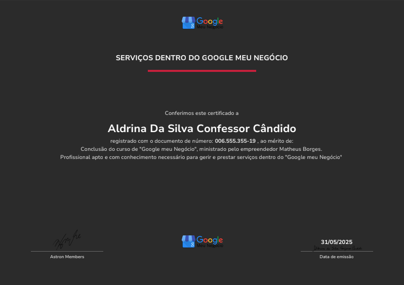 Certificado de Especialista Google Meu Negócio - Aldrina Cândido